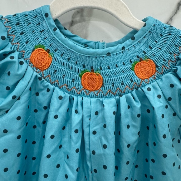 Blue Polka Dot Smocked Romper with Pumpkin Embroidery - Picture 2 of 5